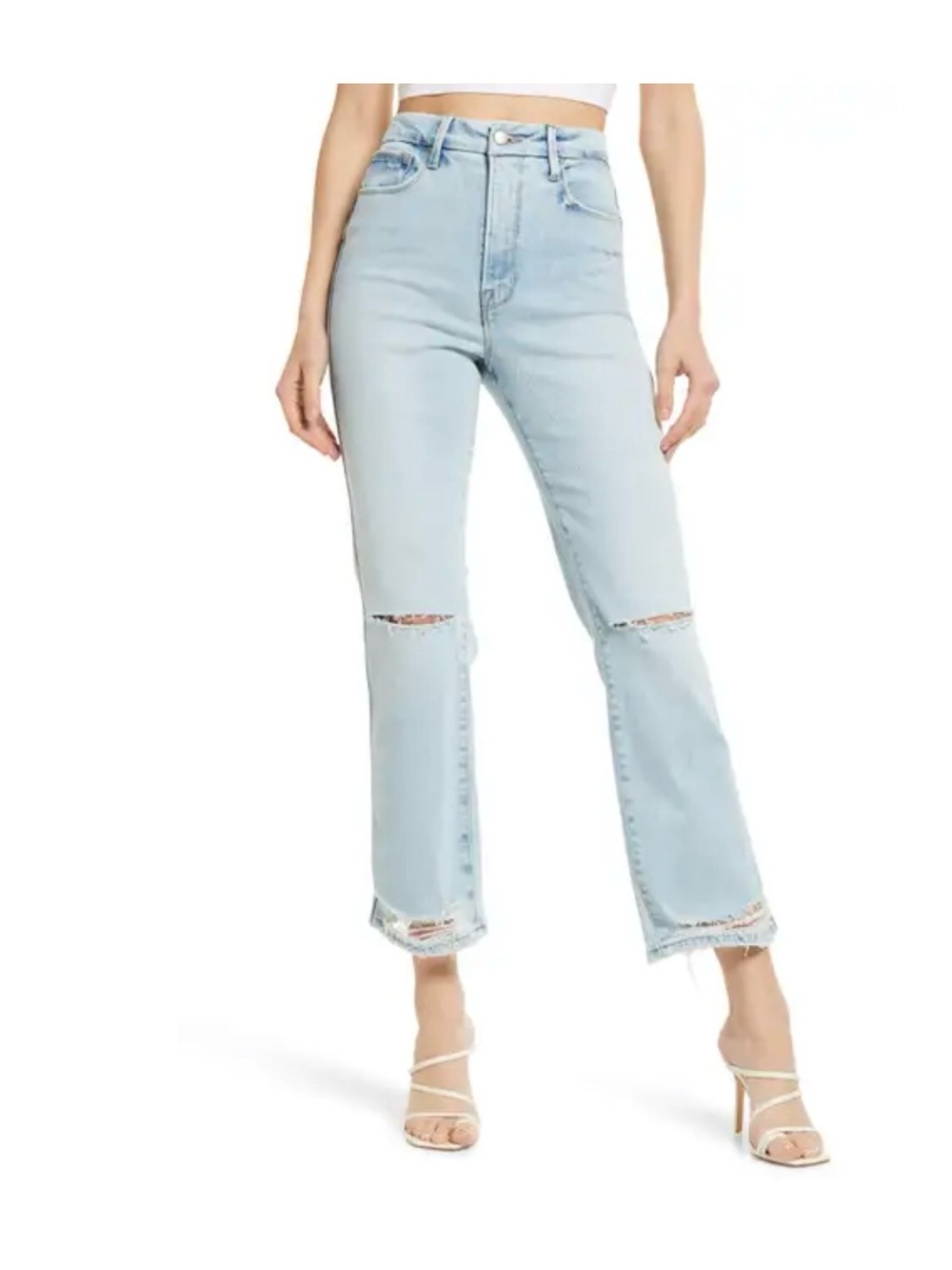 Good American Light Blue High-Rise Distressed Straight Jeans